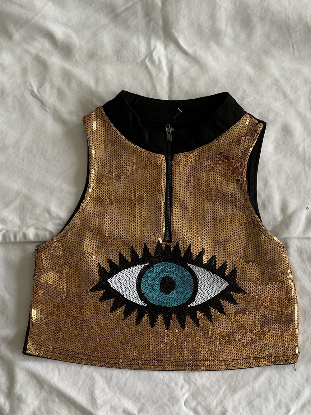 Gold Sequin Crop Top with Eye Motif - Women